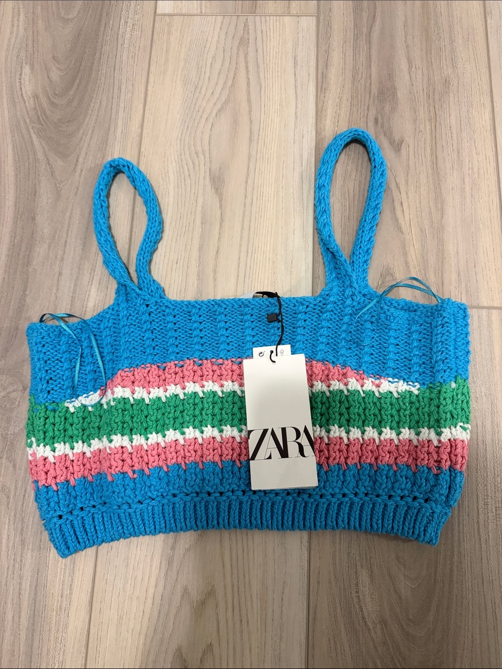 Zara Blue Striped Crochet Tank with Pink, Green & White Accents